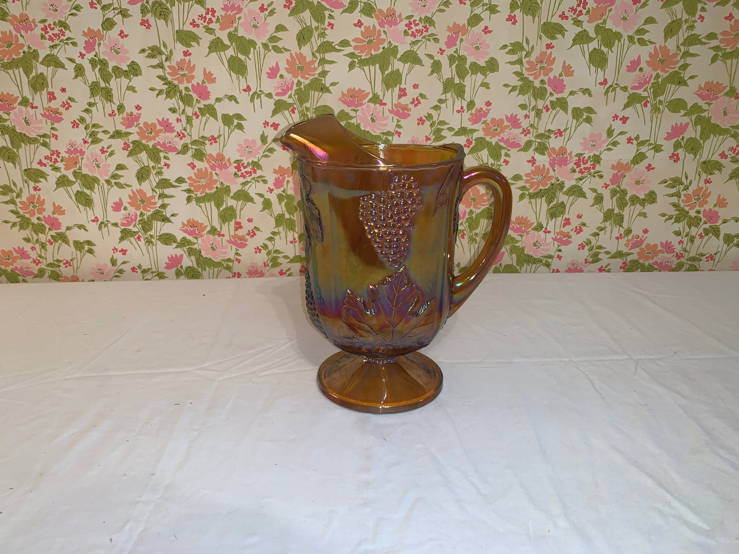 Vintage Indiana Glass Amber Carnival Glass Pitcher- Grape Design