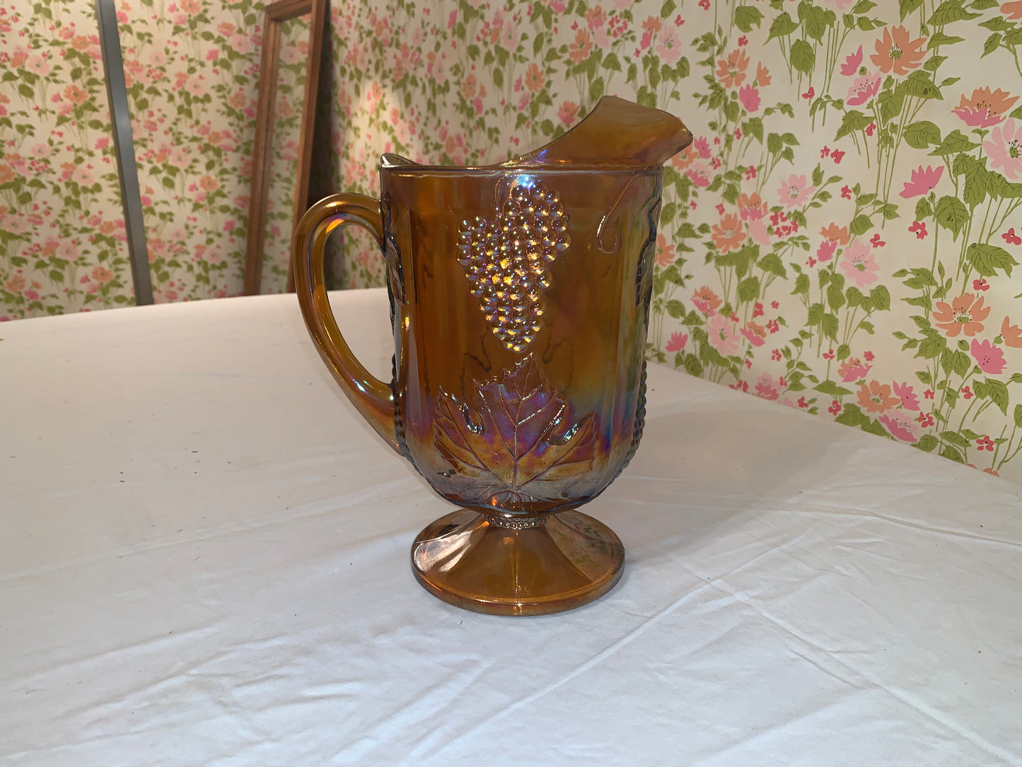 Vintage Indiana Glass Amber Carnival Glass Pitcher- Grape Design