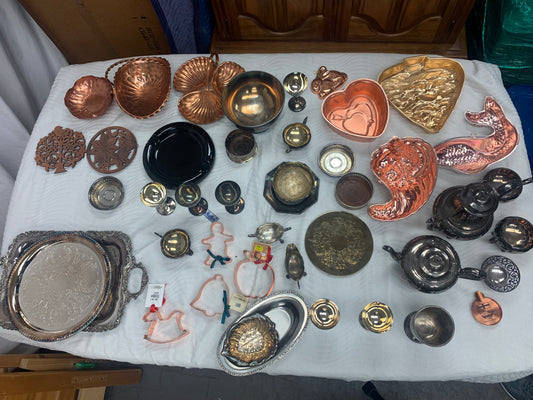 Various Platters, tea sets, and brassware