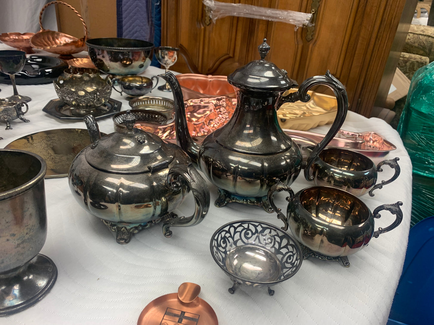Various Platters, tea sets, and brassware