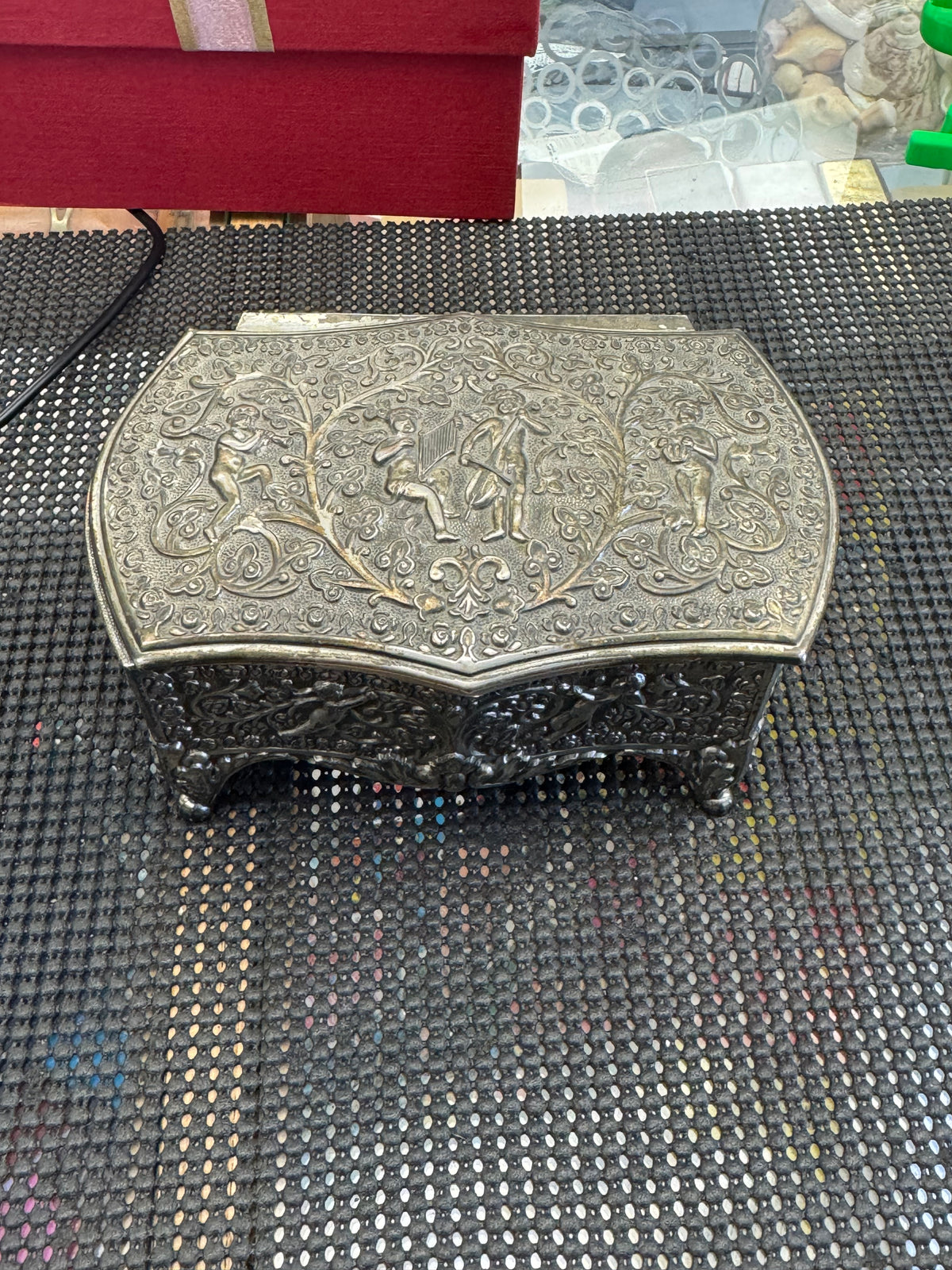 Ornate Vintage-Style Silver Tone Jewelry Box