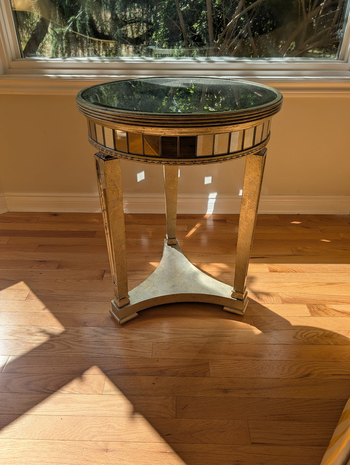 Horchow Luxury mirrored champagne gold round end table.