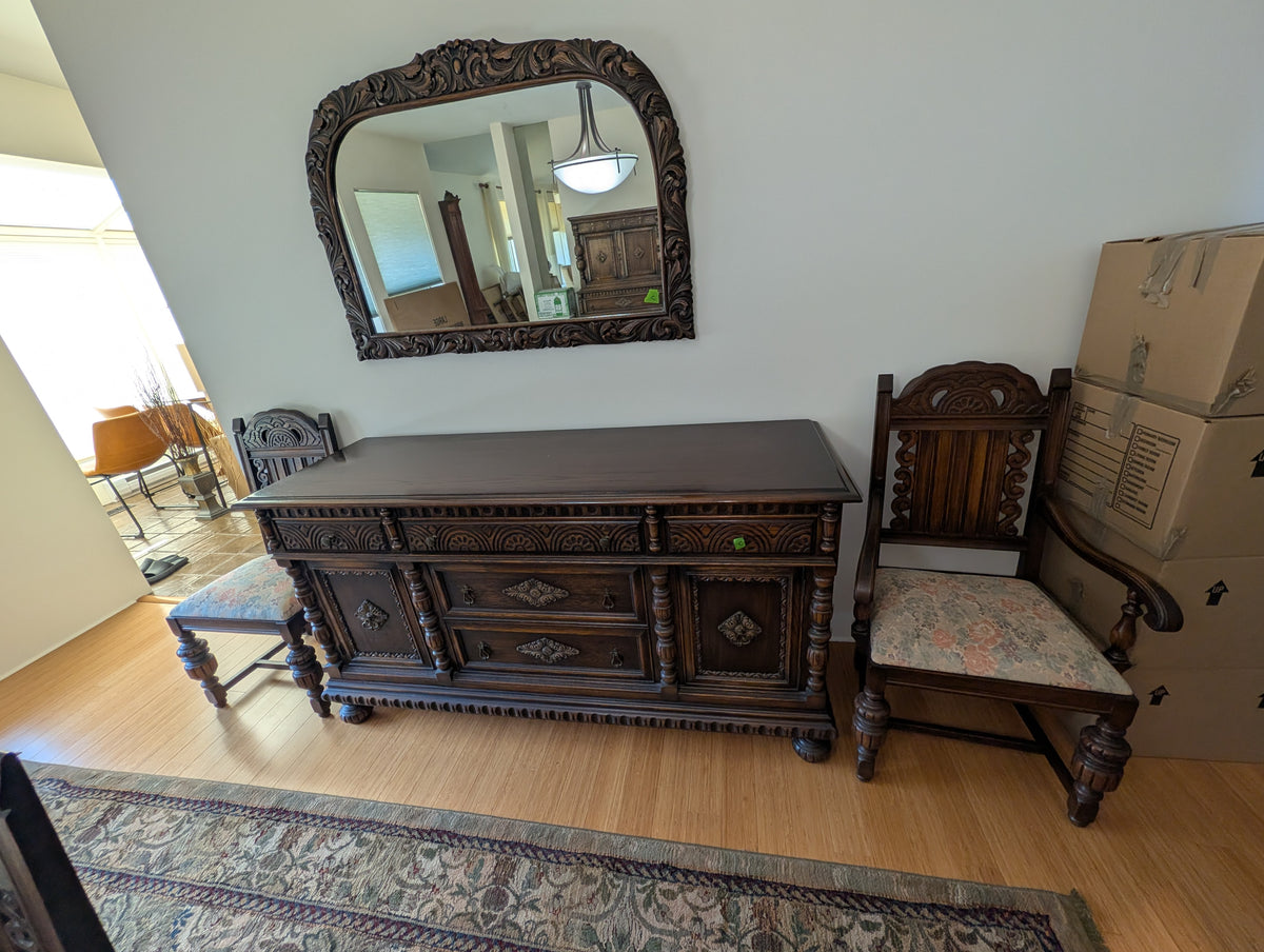***REDUCED*** RARE & VERSATILE 11- Piece Solid Oak Jacobean Revival Dining Room set